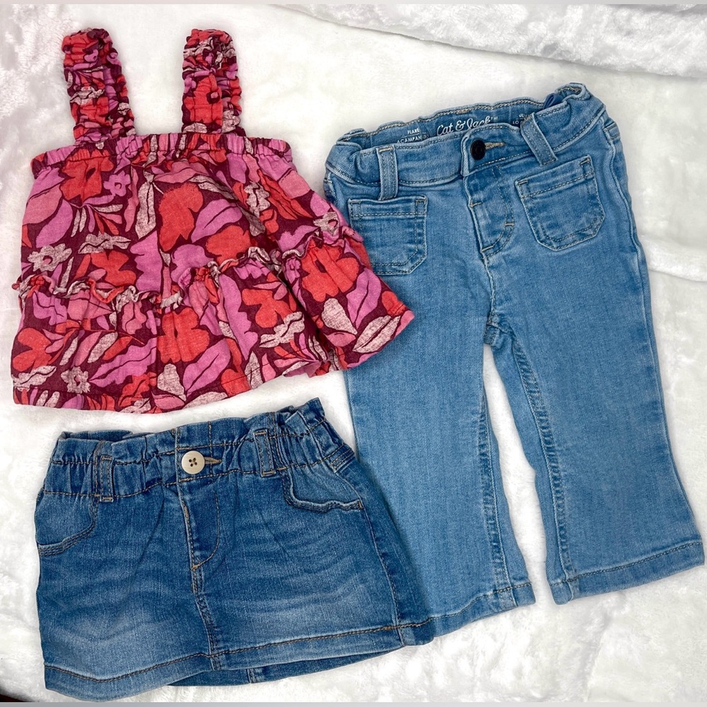3 Pc Bundle, 12-18 Mo - Pink Red Floral Tank with Light Blue Denim Jeans & Skirt